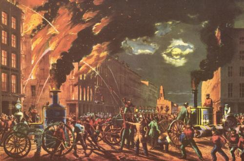 Firefighters attack a fire at Murray and Church streets, Manhattan, on Sept. 9, 1861.  Firemen made the red bib front shirt popular  